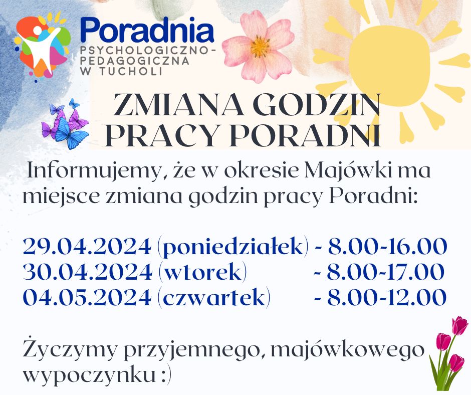 Ogłoszenie o zmianie godzin pracy poradni w dniach 29 kwietnia do 4 maja