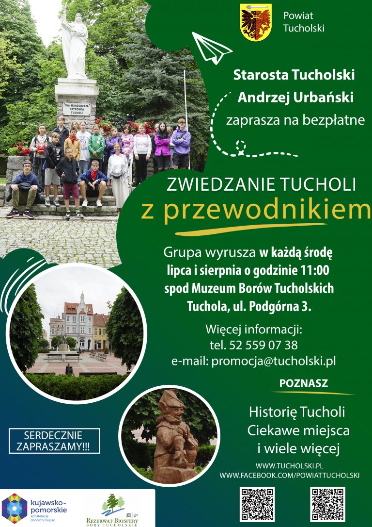 Plakat zaproszenie na zwiedzanie Tucholi z przewodnikiem